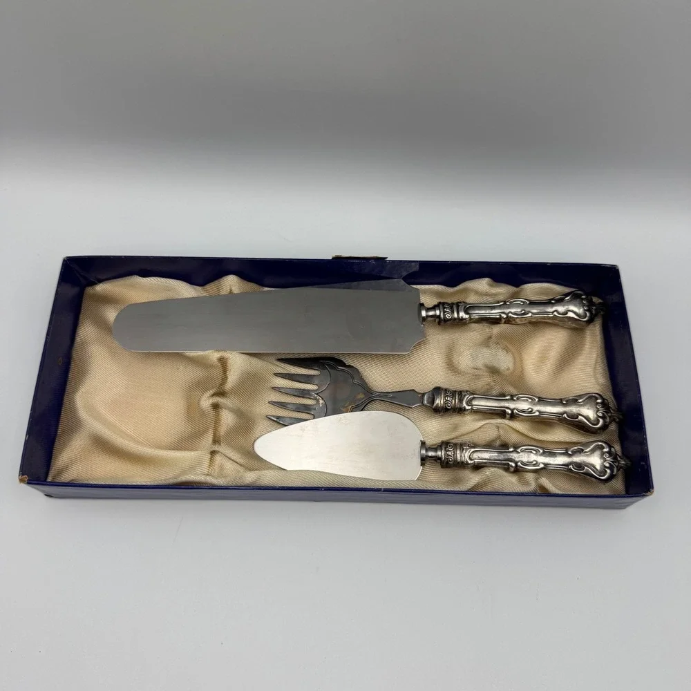 Vintage Ornate Silver Plated 3pc Cake Pie Serving Set Stainless Steel Blades Box